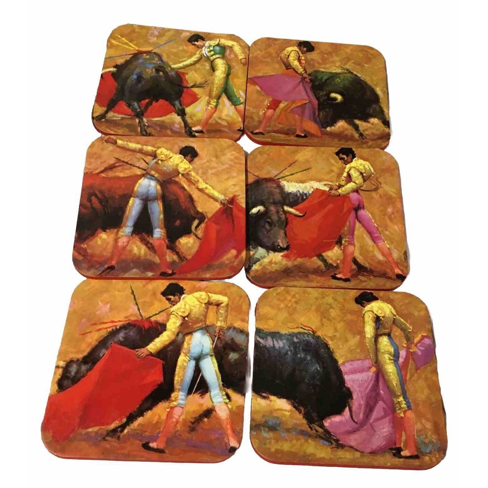 Bullfighter Coasters Set of 6 Bull Spanish‎ Toreador Spain 4"x 3.75"